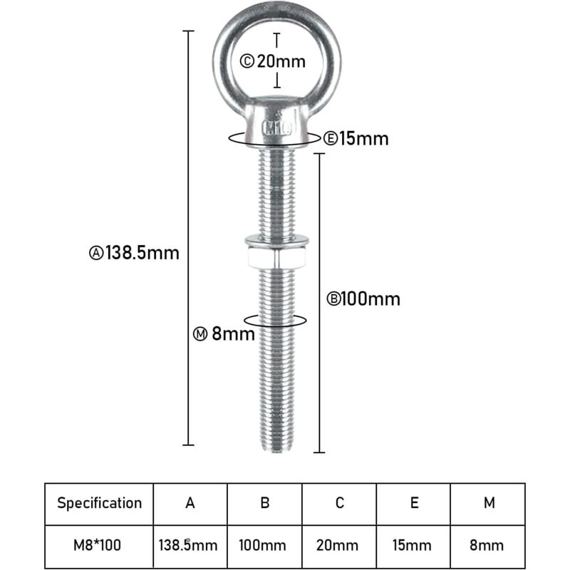 Eye Bolts M10 X 100Mm Stainless Steel Metric Thread M10 Eye Bolts For Fixing And Hanging, 4 pcs - Image 3