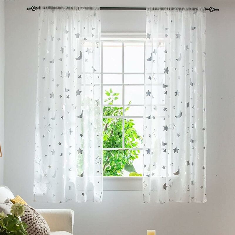 1M Long Semi Sheer Window Curtains For Girls ROom Bedroom Cute Moon And Stars Pattern Tulle Sheer Curtains 2 Panel 1M X - Image 1