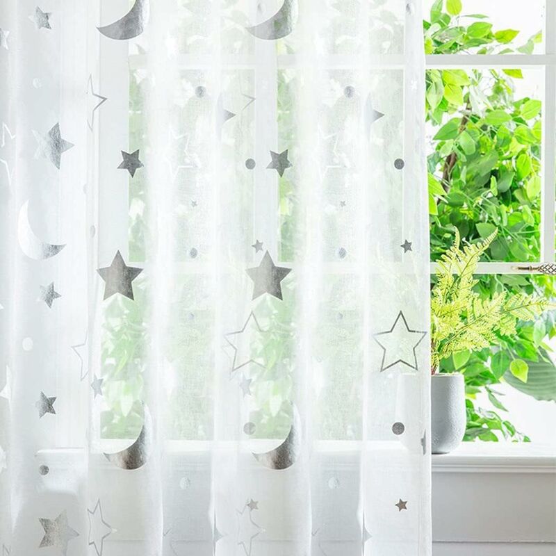 1M Long Semi Sheer Window Curtains For Girls ROom Bedroom Cute Moon And Stars Pattern Tulle Sheer Curtains 2 Panel 1M X - Image 3
