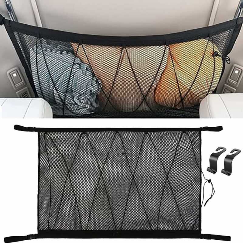 Car Storage Net 90Cmx65Cm, Multifunctional Organizer With Zipper With 2 Car Seat Hooks, Camping Car Storage Net, Car - Image 1