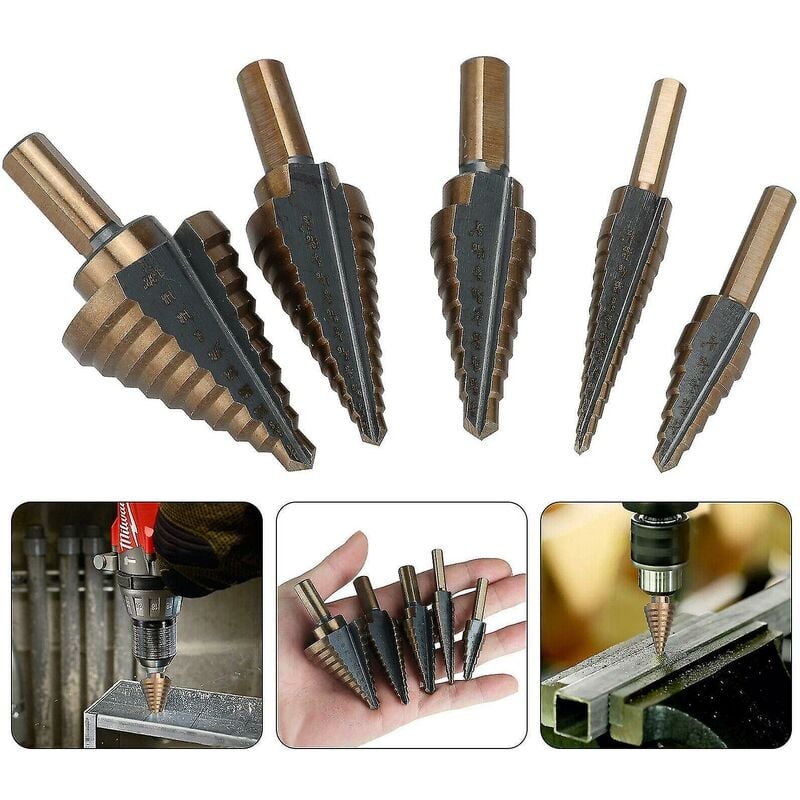 5 pcs Metal Step Drill Bit, 5-35Mm Hss Titanium Conical Triangle Metal Step Cutter For Steel, Wood, Brass, Aluminum, Pvc - Image 1