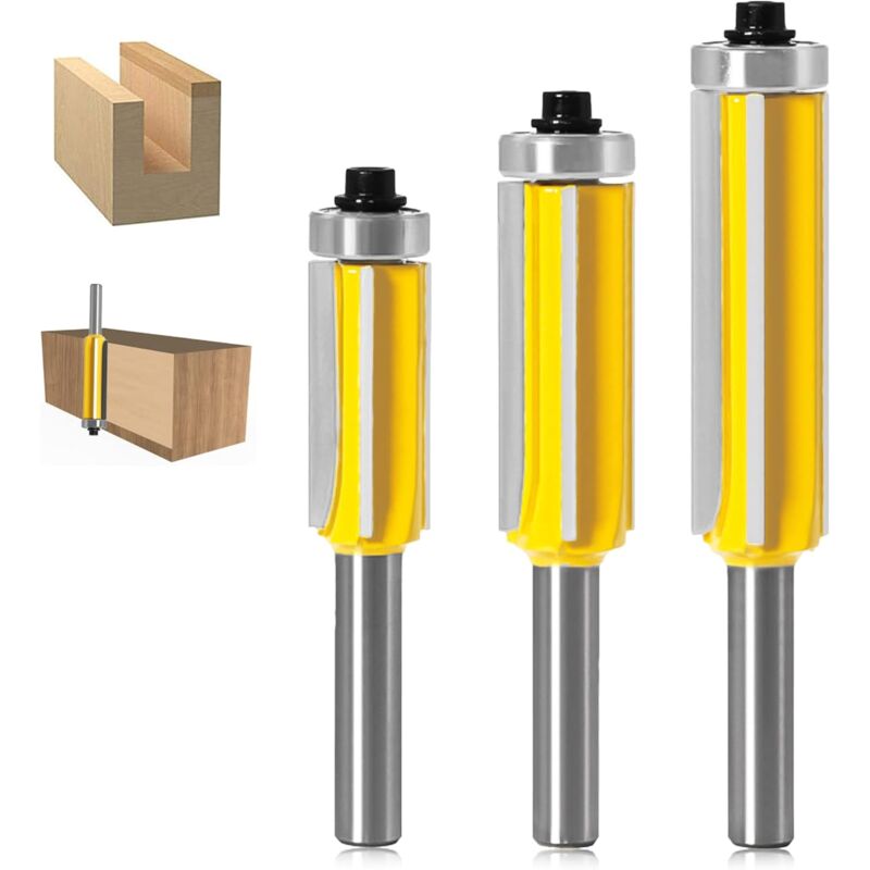 3 pcs ROuter Bit, 4 Flute Shank Copy Cutter With Top Bearing Straight Flush Trim Bit Carbide Woodworking Milling Cutter - Image 1