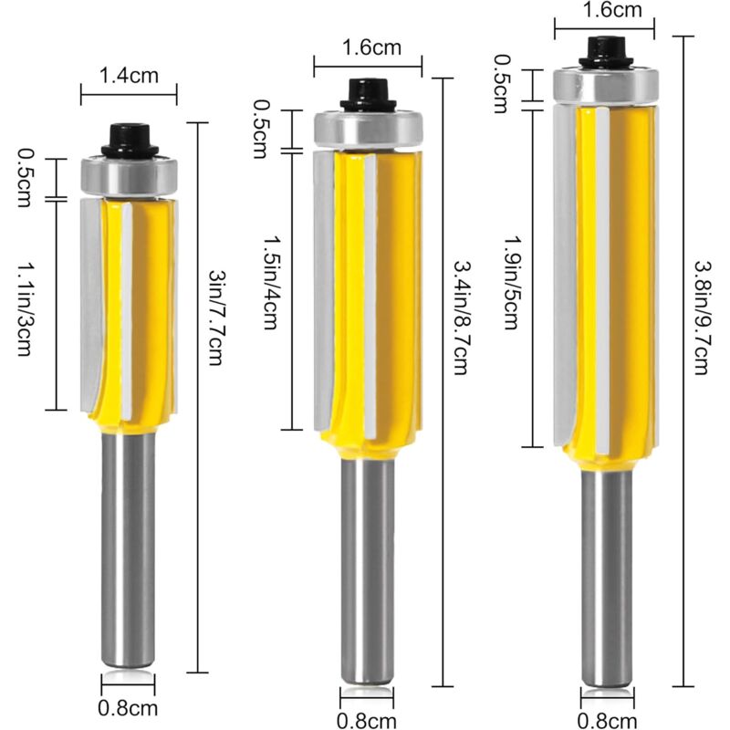 3 pcs ROuter Bit, 4 Flute Shank Copy Cutter With Top Bearing Straight Flush Trim Bit Carbide Woodworking Milling Cutter - Image 2
