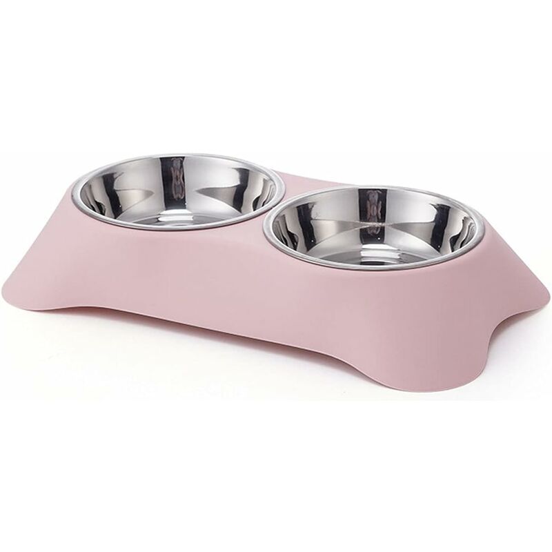 Double Dog Bowl, Non-Slip Stainless Steel Double Bowl With Spill Proof For Small Dogs And Cats (S, Pink) - Image 1
