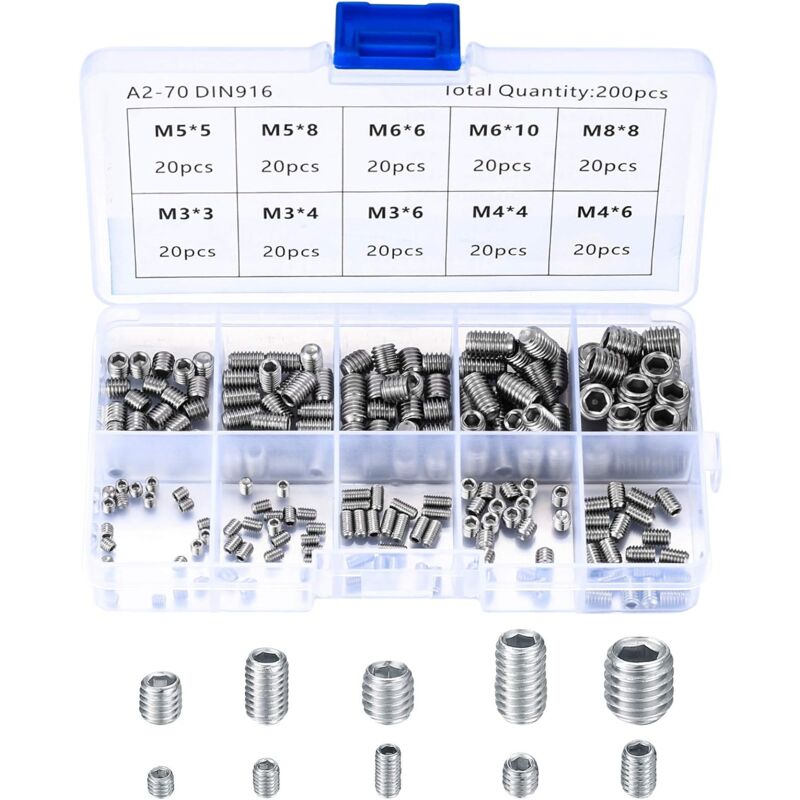 200 pcs Stainless Steel Grub Screws, M3 M4 M5 M6 M8 Machine Screws, Assortment Kit Fasteners Grub Screws - Image 1