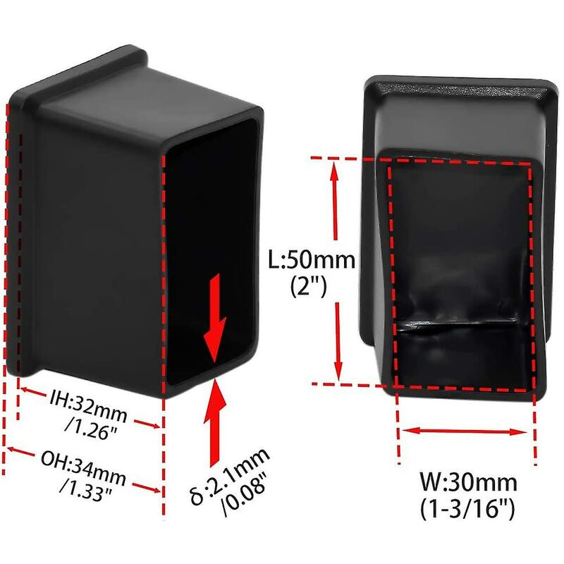 8 Pack Rectangular Non-Marking Pvc Chair Leg Caps 30Mm X 50Mm (1-3/16