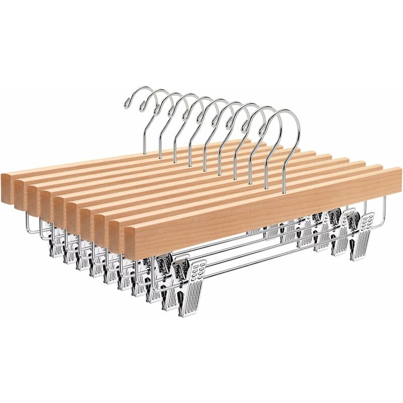 Home 10 Pack 32Cm Natural Wooden Hangers For Pants Skirts Socks Underwear Non-Slip Hangers With Clips - Image 1