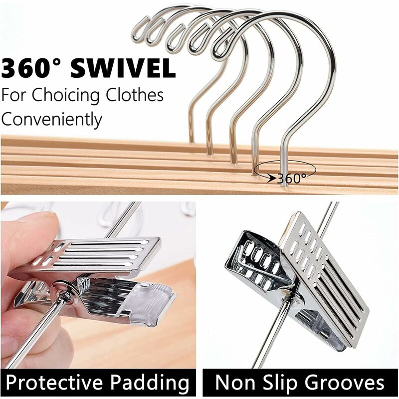 Home 10 Pack 32Cm Natural Wooden Hangers For Pants Skirts Socks Underwear Non-Slip Hangers With Clips - Image 3