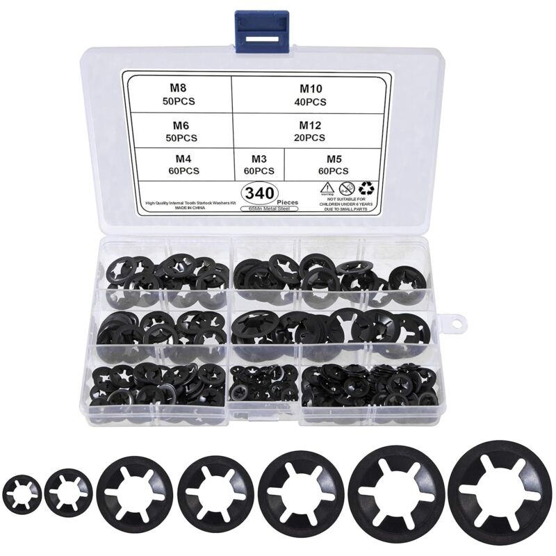 Universal Lock Washers Lock Washer M3 M4 M5 M6 M8 M10 M12 Starlock Washer Quick Push Fasteners Assortment Kit With Box - Image 1