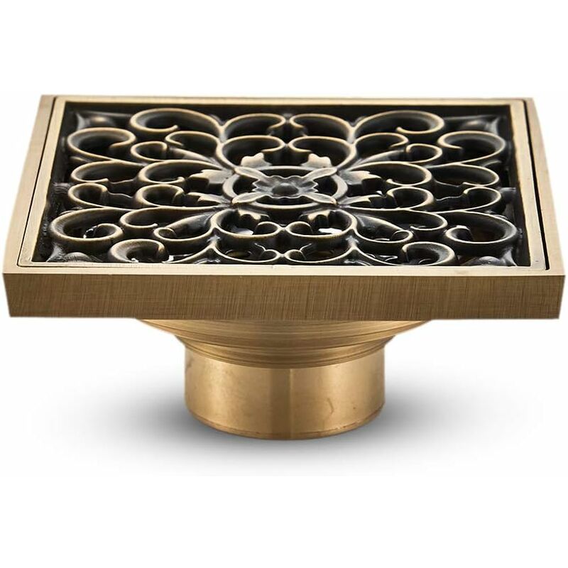 Brass Bathroom Floor Drain - Antique Unique Square Shower Drain Flower Carved For Toilet Garden 10Cm - Image 1