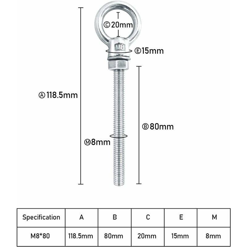 Eye Bolts M8 X 80Mm Stainless Steel Metric Thread M8 Eye Bolts For Fixing And Hanging, 6 pcs - Image 2
