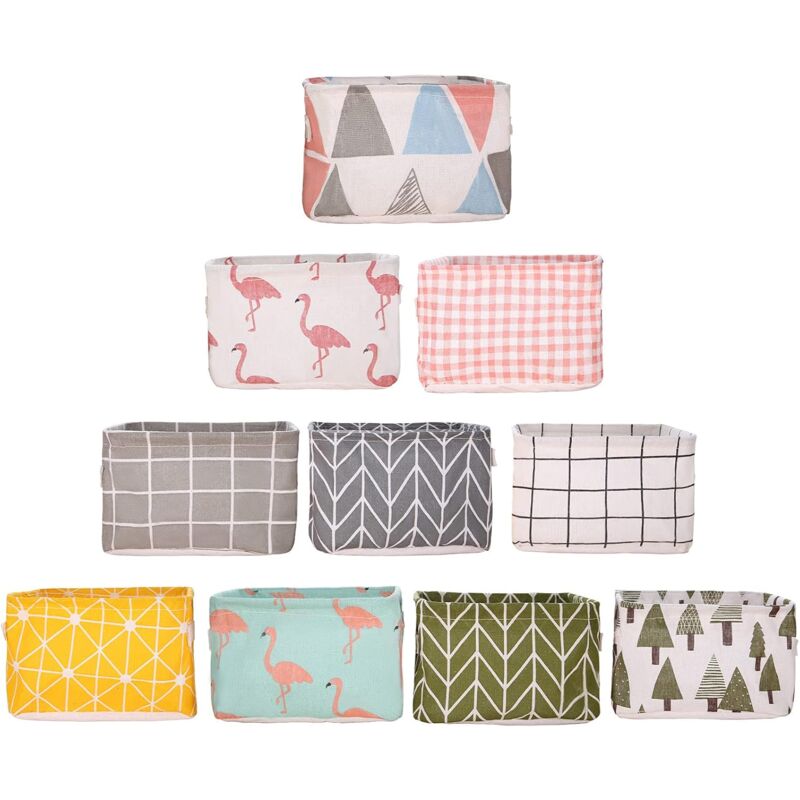 10 Pack Small Foldable Linen Fabric Storage Basket With Handles And Water Repellent Lining, For Shelves And Desk, Toys, - Image 1