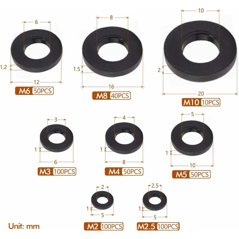 500 pcs Black Plastic Washers Lock Washers Fasteners, Self-Locking Washer Assortment Mechanical Washer M2.5 M3 M4 M5 M6 - Image 2