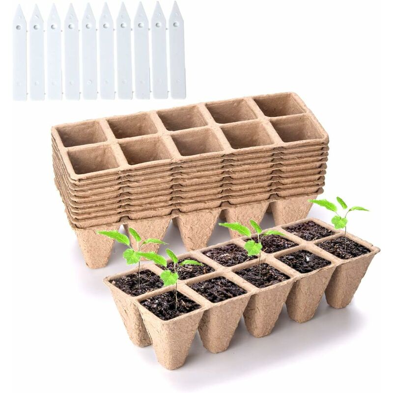 10 Pack Peat Pots, 100 Cells Biodegradable Seedling Starter Kit For Indoor Outdoor, Includes 10 Plastic Plant Labels - Image 1