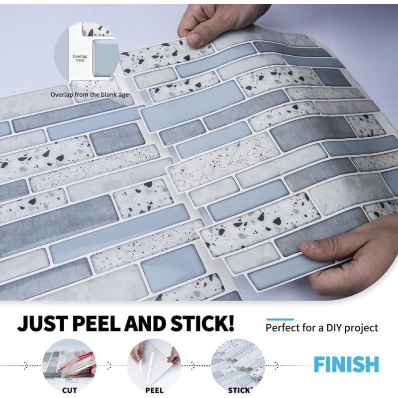 10 Pieces, Adhesive Wall Tiles, Vinyl Kitchen Backsplash, Marble Wall Stickers, Blue, 30X30Cm - Image 2