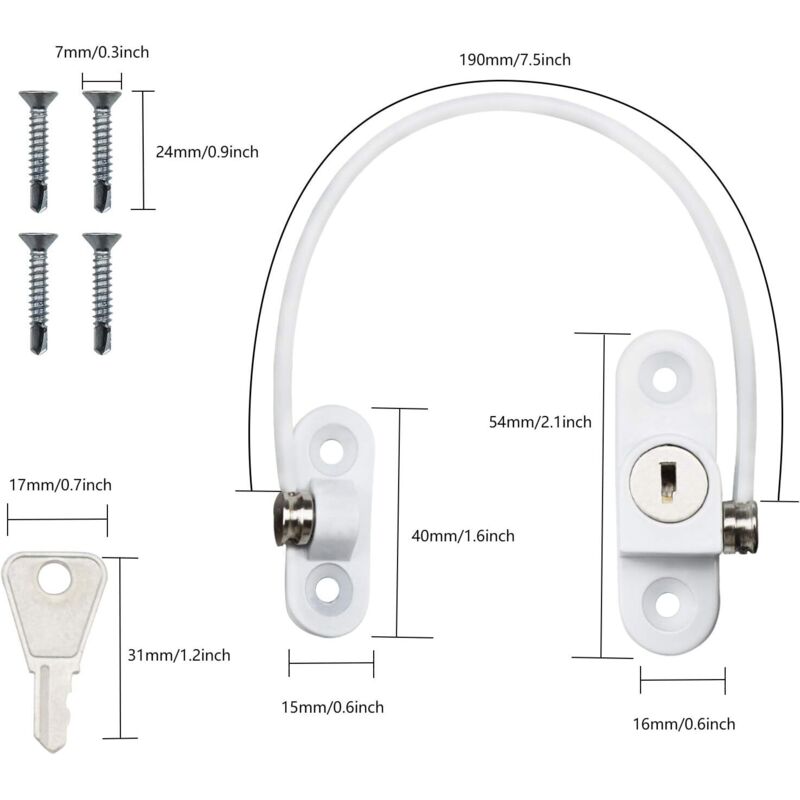 Security Lock Furniture Door Window-2 pcs With Key White Cable Restrictor 190Mm-Baby Child Safety Cable Restrictor - Image 3