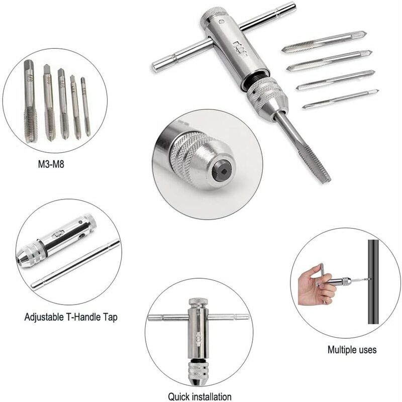 T Bar Handle Ratchet Tap Holder, Adjustable Tap Wrench With 5 pcs M3-M8 3Mm-8Mm Metric T-Shaped Plug Machine Screw - Image 2