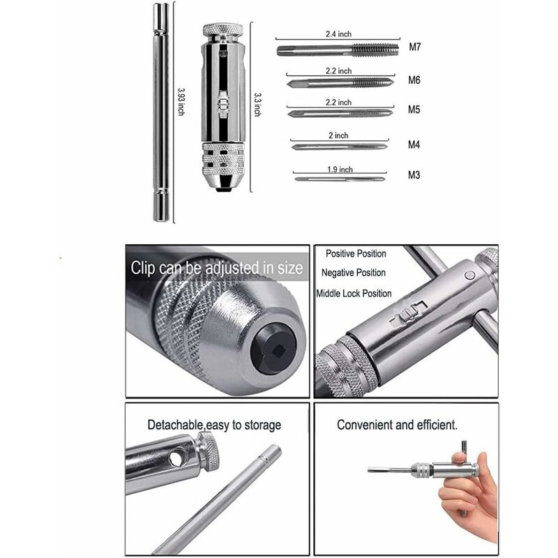 T Bar Handle Ratchet Tap Holder, Adjustable Tap Wrench With 5 pcs M3-M8 3Mm-8Mm Metric T-Shaped Plug Machine Screw - Image 3