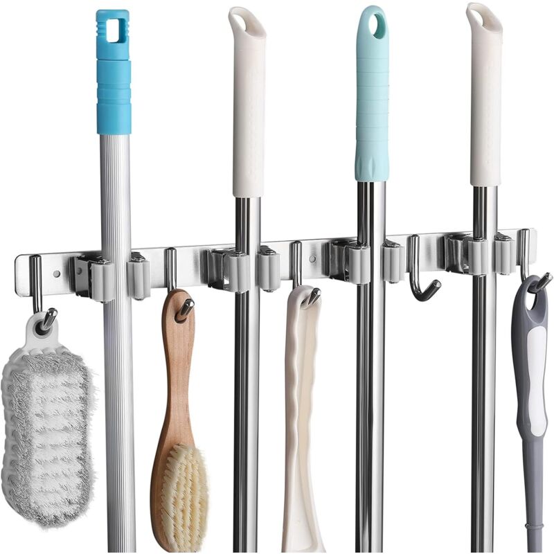 Stainless Steel Wall Mounted Broom Holder, Wall Mounted Broom Hanger With 4 Slots And 5 Hooks For Kitchen, Bathroom, - Image 1