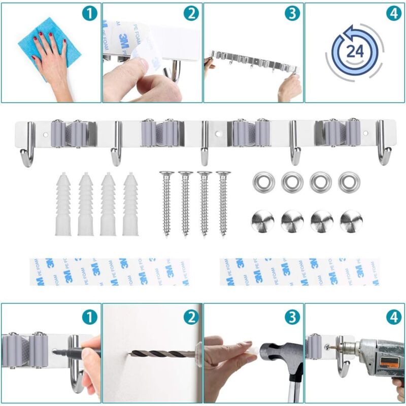 Stainless Steel Wall Mounted Broom Holder, Wall Mounted Broom Hanger With 4 Slots And 5 Hooks For Kitchen, Bathroom, - Image 3