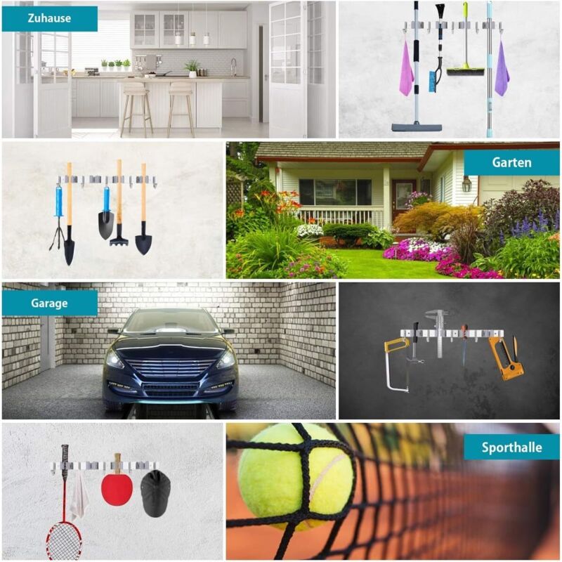 Stainless Steel Wall Mounted Broom Holder, Wall Mounted Broom Hanger With 4 Slots And 5 Hooks For Kitchen, Bathroom, - Image 4