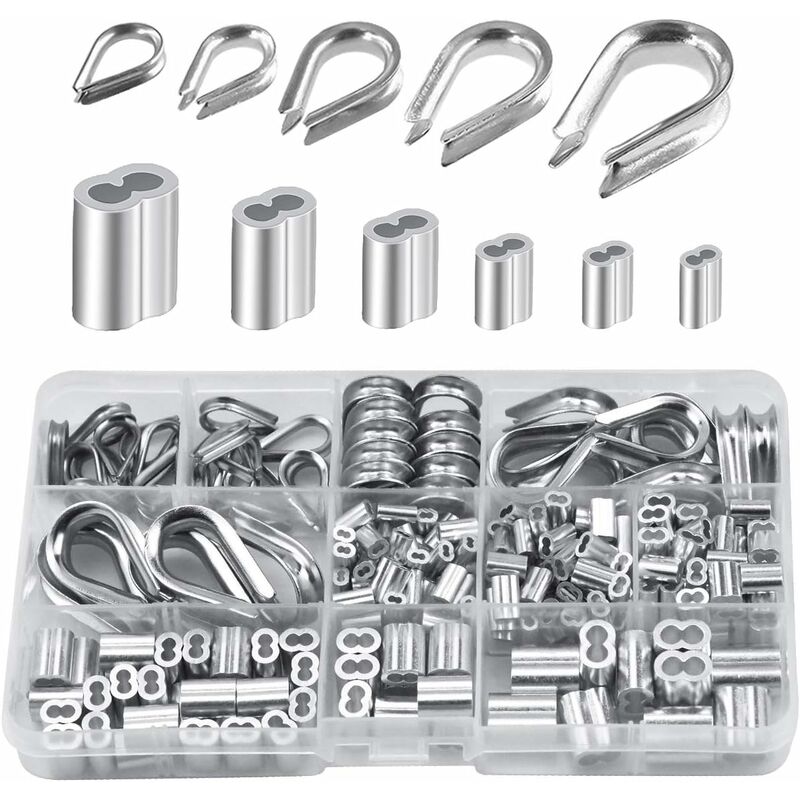 250 pcs 6 Sizes Aluminum Wire ROpe Thimbles Assortment Double Barrel Sleeves & 5 Size Thimbles For Wire ROpe - Image 1