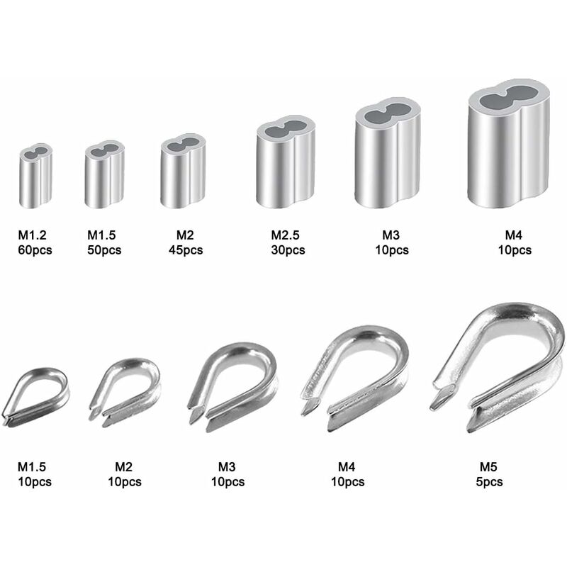 250 pcs 6 Sizes Aluminum Wire ROpe Thimbles Assortment Double Barrel Sleeves & 5 Size Thimbles For Wire ROpe - Image 2