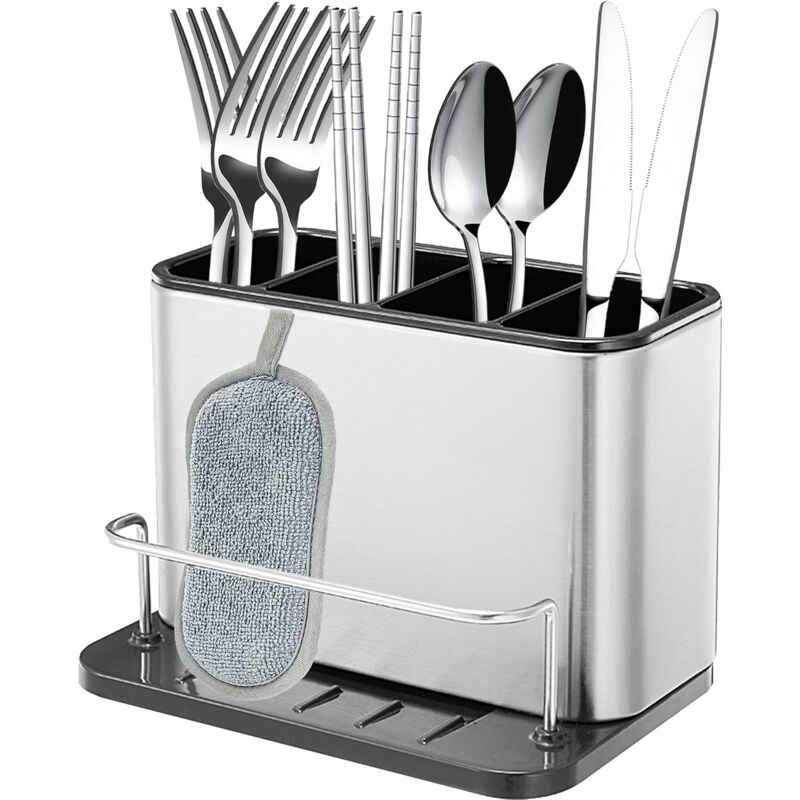 Cutlery Drainer, Fork Spoon Organizer Rack With 4 Compartments With Drainer, For Knife And Fork, Spoon, Sink Drying - Image 1