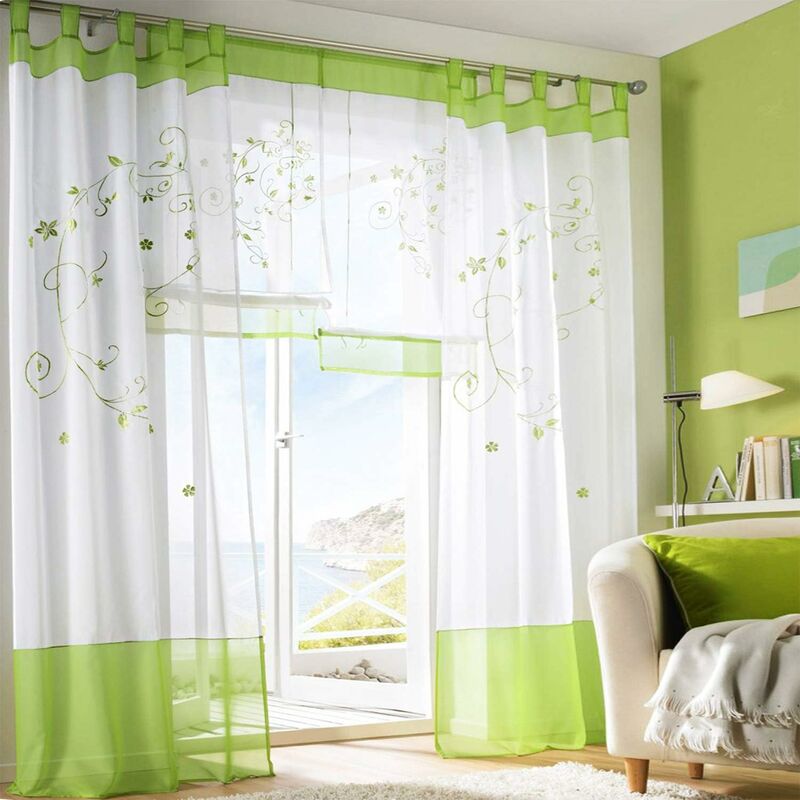 Sheer Curtains Floral Voile Embroidery Tab Top Window Panels For Bedroom Living ROom Decoration 2 Panels, Green, W140Cm - Image 1