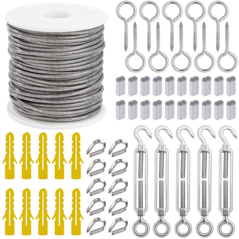 Wire ROpe Hanging Kit 2Mm Stainless Steel ROpe 30M With Turnbuckle Eye Screw Aluminum Sleeves Heart Thimble 56 pcs - Image 1