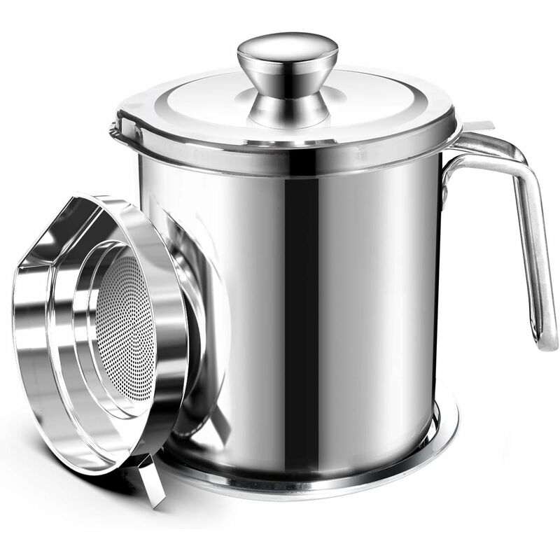 Oil Pot Grease Can Stainless Steel Storage Can With 2 Liter Can In Dust Cover For Fine Mesh Sieve Non-Slip Plate Frying - Image 1