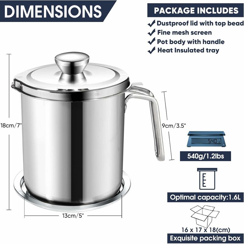 Oil Pot Grease Can Stainless Steel Storage Can With 2 Liter Can In Dust Cover For Fine Mesh Sieve Non-Slip Plate Frying - Image 4