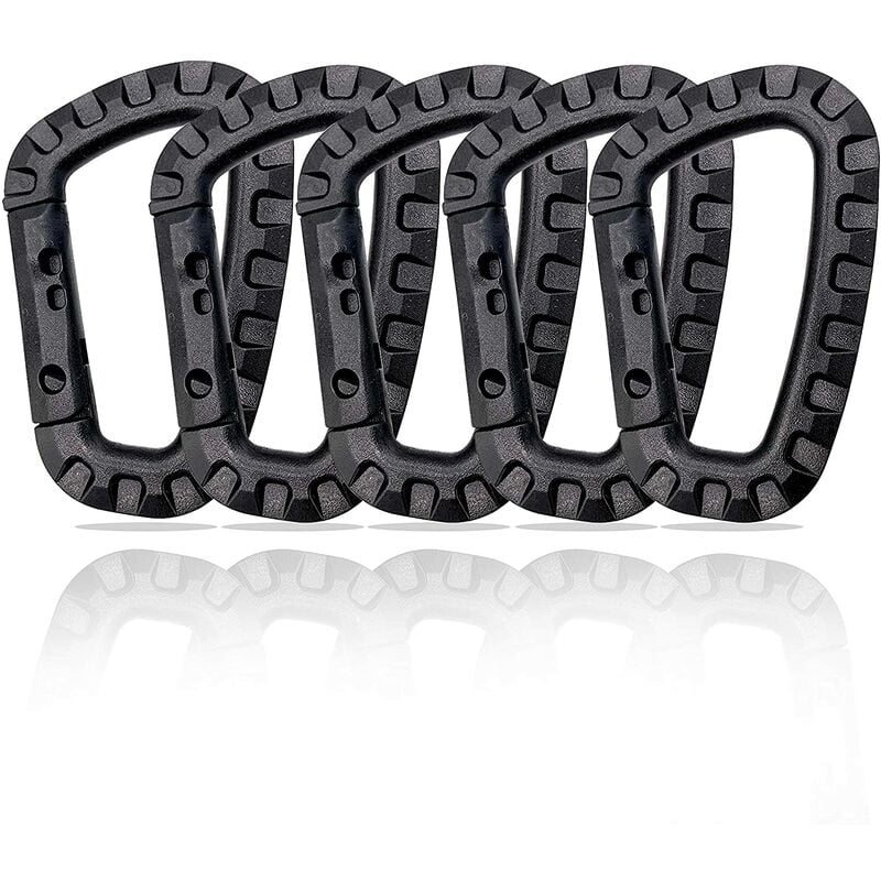 5 Pack Plastic Carabiners - Black - D-Shaped - Image 1