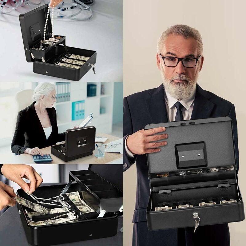 Lockable Metal Money Box Cash, Coin & Security Box Large Cash Box With Lock - New Metal Money Box - Black - Image 3