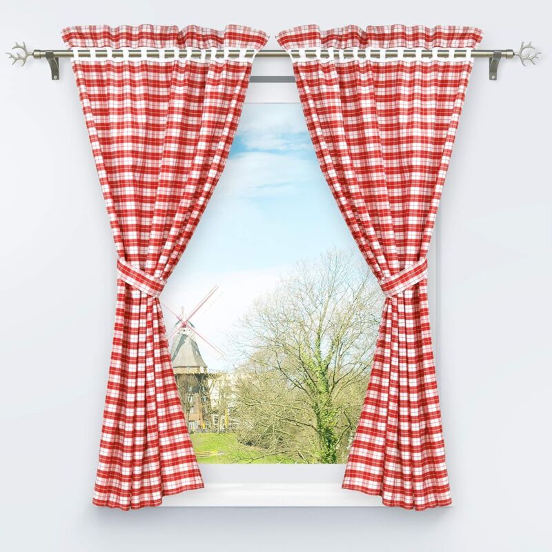 2 pcs Set Perforated Opaque Curtains With 2 Tiebacks Plaid Pattern Window Decoration For Bedroom Indoor Red H/W 120/80Cm - Image 1