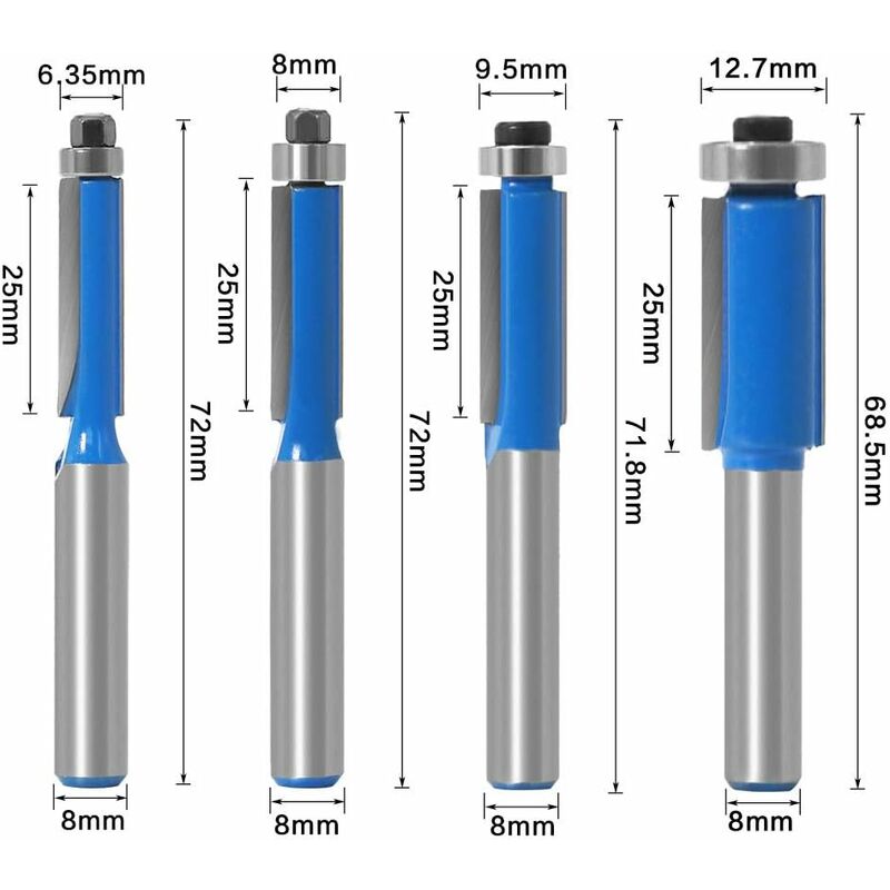 4 pcs 8Mm Copy Bit Diy Woodworking Milling Cutter Tools With Top Bearing, Flush Trim ROuter Bit Shank - Image 2