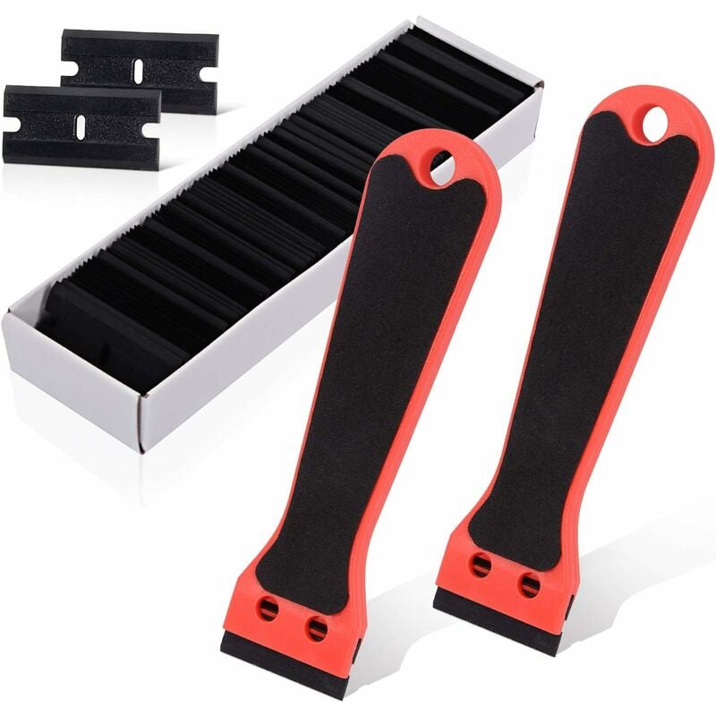2 Plastic Scraper With 100 Squeegees, Long Handle Scrapers, For Removing Labels, Glue, Paint, Stickers And Decals, Red - Image 1