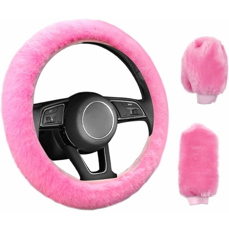 3 pcs Car Steering Wheel Cover Anti-Slip Elastic Pink Plush Universal Car Steering Wheel Cover With Handbrake And Gear - Image 1