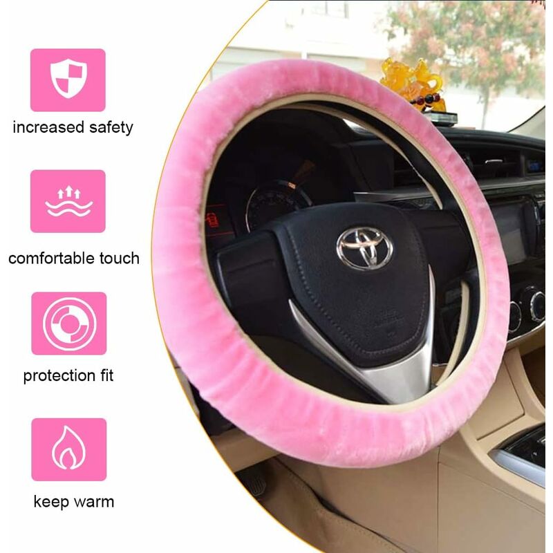 3 pcs Car Steering Wheel Cover Anti-Slip Elastic Pink Plush Universal Car Steering Wheel Cover With Handbrake And Gear - Image 3