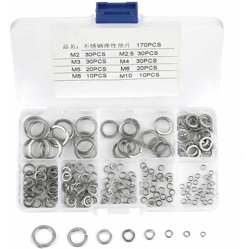 180 pcs 8 Size 304 Stainless Steel Spring Washer Assortment Kit, Spring Washers Kit M2.5 M3 M4 M5 M6 M8 M10 - Image 1