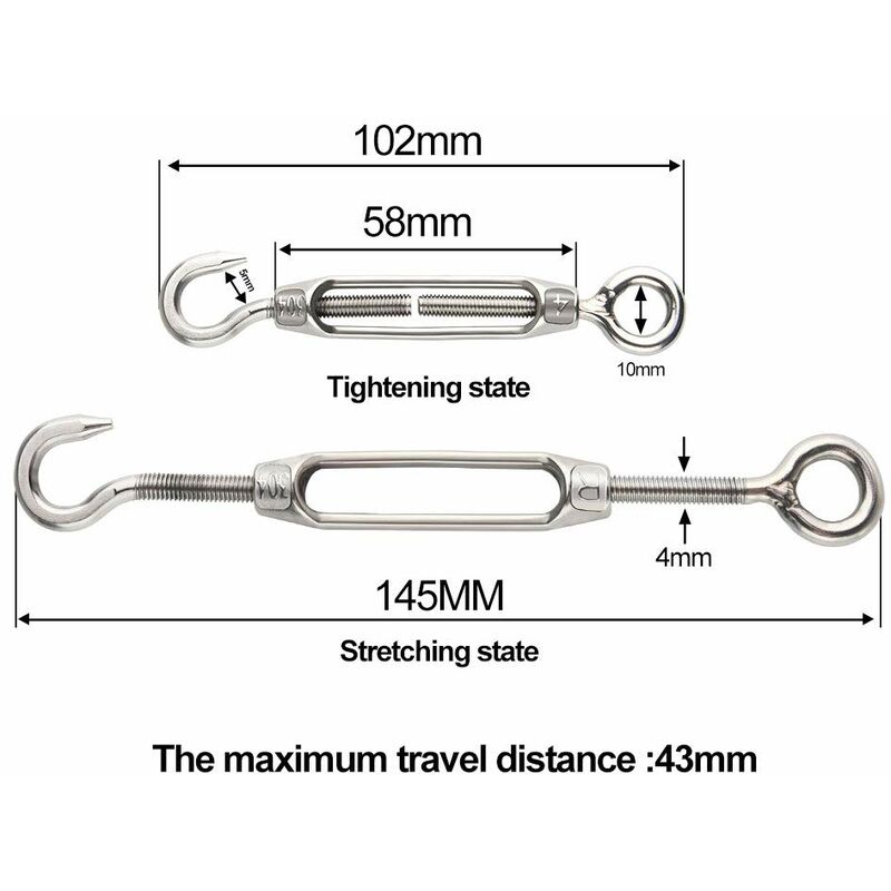 6 pcs Wire Tensioner M4 Stainless Steel Adjustable Turnbuckle Hook And Eye Set Heavy Duty - Image 2