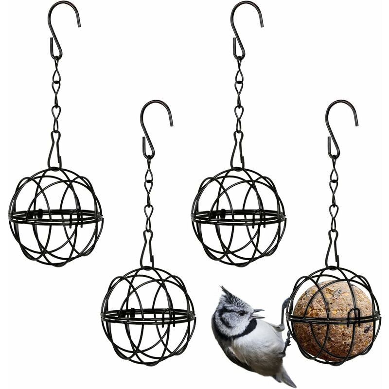 4 pcs Hanging Bird Feeders Metal Bird Fat Ball Holder Indoor Outdoor Black 7Cm Diameter Food Dispenser With 4 S-Shaped - Image 1