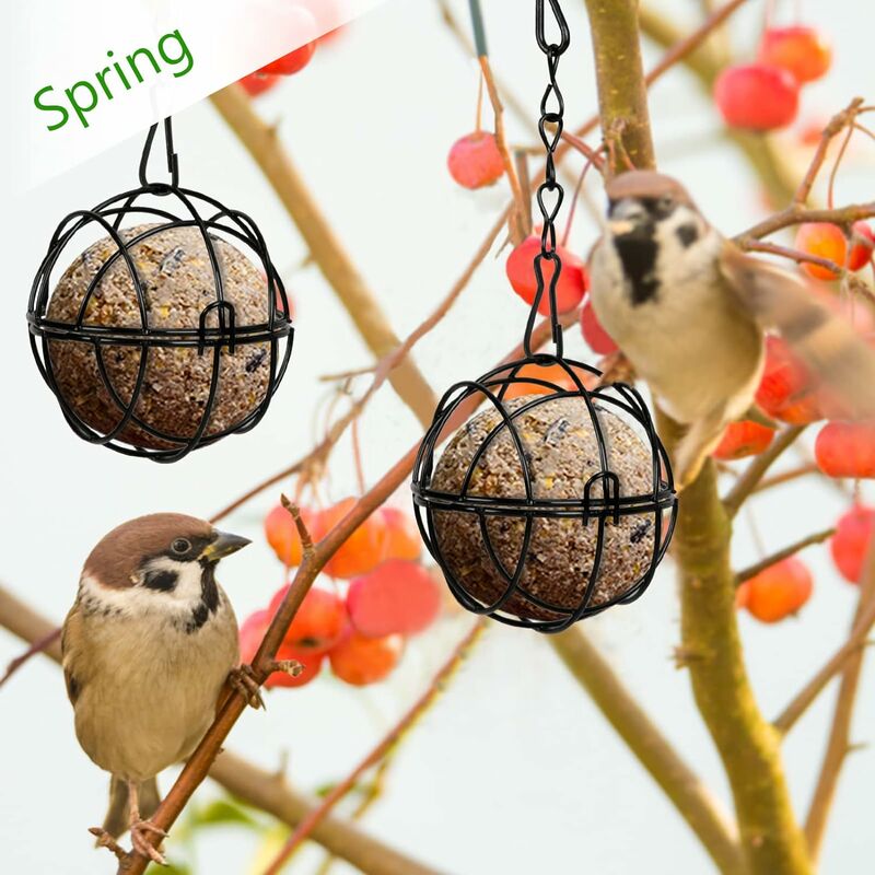 4 pcs Hanging Bird Feeders Metal Bird Fat Ball Holder Indoor Outdoor Black 7Cm Diameter Food Dispenser With 4 S-Shaped - Image 2