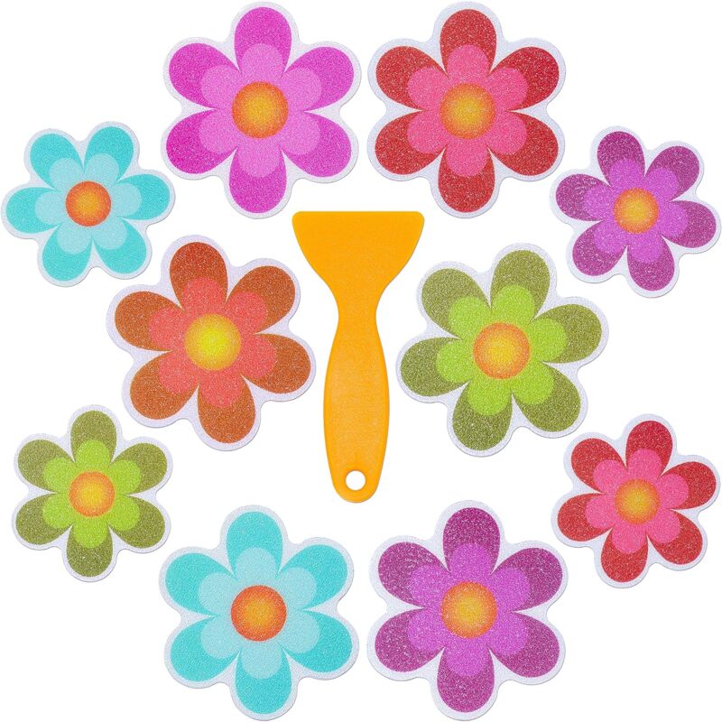 Pack Of 10 Waterproof Non-Slip Shower Stickers With Premium Scraper (Flower Design, Size 9.5 X 9.5 Cm) - Image 1