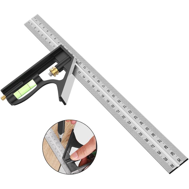 Combination Square, 12'/300Mm Stainless Steel Square Carpentry Tools, 45/90 Degree Ruler With Spirit Level. - Image 1