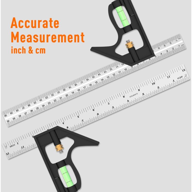 Combination Square, 12'/300Mm Stainless Steel Square Carpentry Tools, 45/90 Degree Ruler With Spirit Level. - Image 3