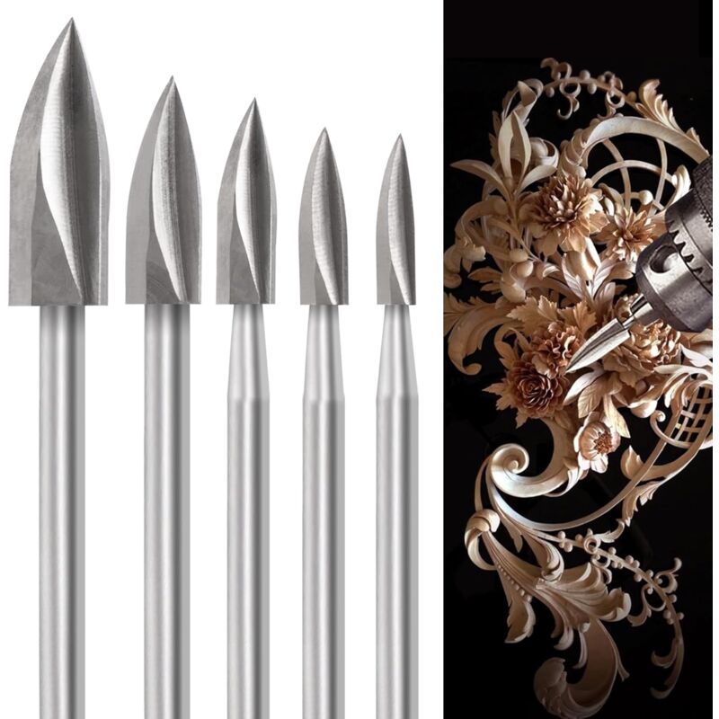 Wood Carving Bit Set For ROtary Tool, 5 Pieces Wood Carving Bits With 1/8 Inch Shank For Diy Woodworking, Engraving, - Image 1