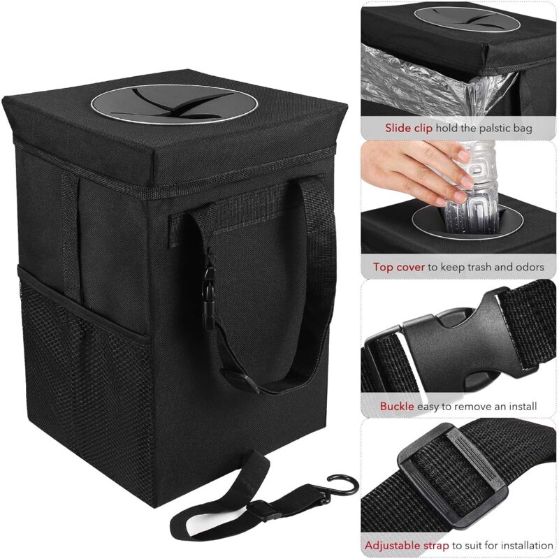 Car Trash Can With Lid - Hanging Garbage Bag With Storage Pockets, Foldable And Portable Waterproof Organizer, Large - Image 2