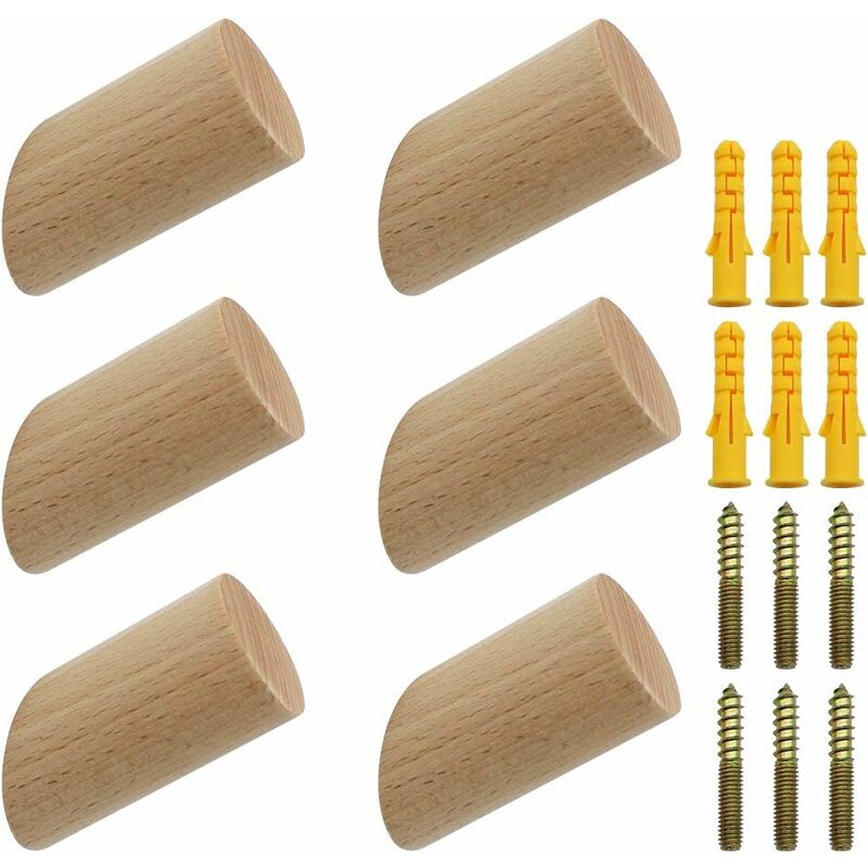 6 pcs Set Beech Wood Wall Hooks 3X6Cm Cylinder Wall Mounted Coat Hook Decorative Hook For Coat Hat Scarf Bag Towel - - Image 1