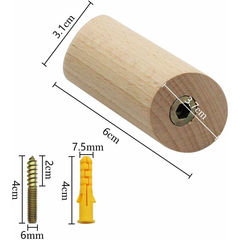 6 pcs Set Beech Wood Wall Hooks 3X6Cm Cylinder Wall Mounted Coat Hook Decorative Hook For Coat Hat Scarf Bag Towel - - Image 2